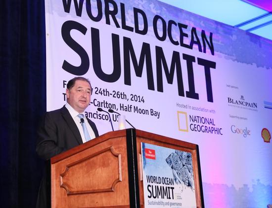 2014年“世界海洋峰会”上，宝珀全球副总裁兼市场总监Alain Delamuraz精彩演讲