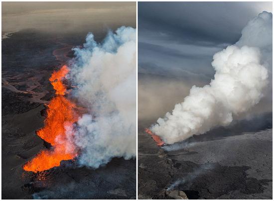 冰岛火山喷射岩浆形成30米高“火墙”
