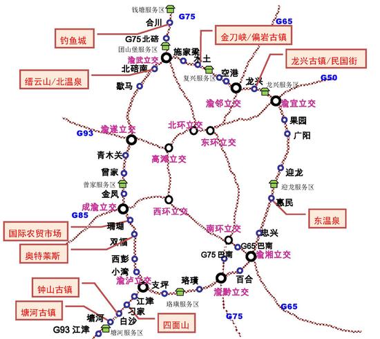 绕城高速简图及周边旅游景点