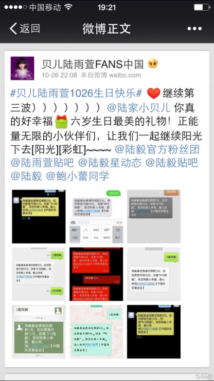 粉丝捐款做慈善为贝儿庆生 陆毅发博感恩