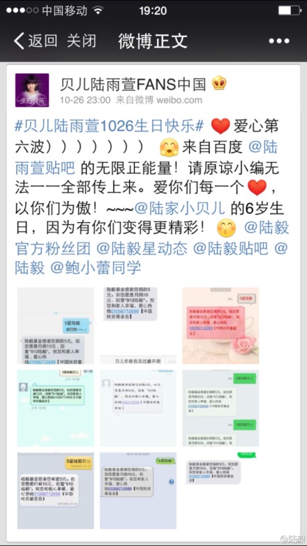 粉丝捐款做慈善为贝儿庆生 陆毅发博感恩