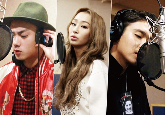 从左至右,Iron、SISTAR成员孝琳、朱英