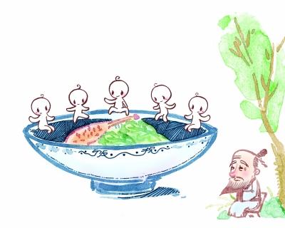 夹菜应从盘子靠近或面对自己的盘边夹起,不能在菜盘子里翻来倒去。(张叶绘)