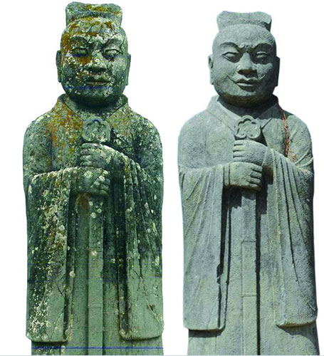 乾陵石刻“洗白”前后对比。(点击图片观看更多唐陵图片，“白色”才是本来色。)