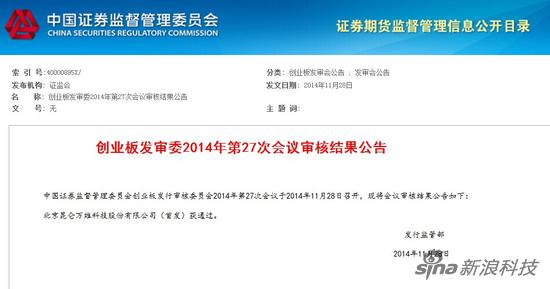 创业板发审委2014年第27次会议审核结果公告显示，北京昆仑万维科技股份有限公司（首发）获通过。