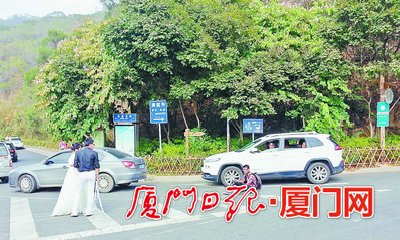情侣追求浪漫在马路中间拍照。