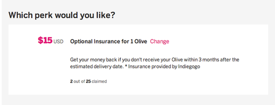 在一个名为Olive的产品页面上，用户可以选择15美元的保险
