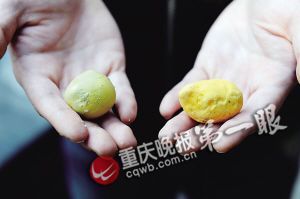 李女士买到的问题鸡蛋蛋黄(右)与普通鸡蛋蛋黄对比