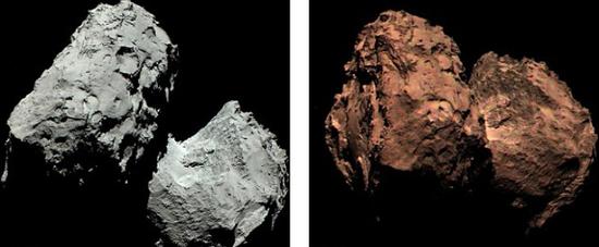 67P/丘留莫瓦-格拉西梅彗星。经过10年的追赶，“罗塞塔”号探测器最终与这颗彗星会和并且成功释放“菲莱”号着陆器登陆。在《科学》杂志评选的年度十大科学突破排行榜中，“罗塞塔”号任务位列榜首。利用“罗塞塔”号传回的数据，科学家绘制了一幅67P/丘留莫瓦-格拉西梅彗星真色图像(右)。如果用肉眼观察这颗彗星，你看到的就是这种景象。