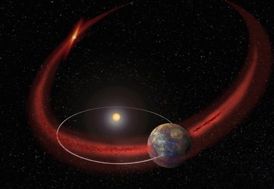 艺术示意图：研究显示水星上可能会周期性发生流星雨，原因是其轨道会周期性的穿越恩克彗星留下的碎屑物区域