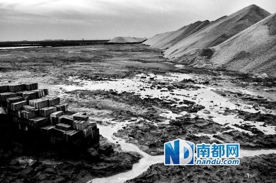 成片的鹽田和高高堆起的鹽山。這些工業(yè)鹽和提煉的溴素直接供給附近的化工廠。