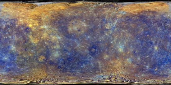 这是采用信使号探测器数据构建的水星地图，图像色彩经过加强
