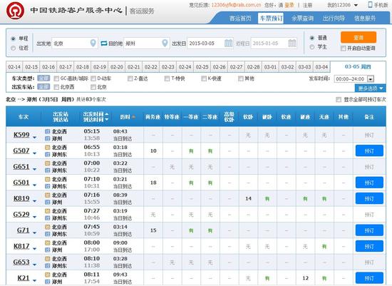 截止下午6点整，元宵节当天由北京开往郑州的列车还有少量余票。