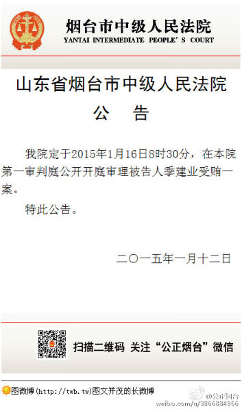 山東省煙臺市中級人民法院公告