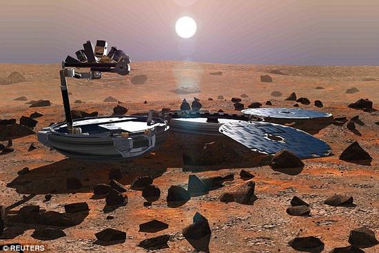 这是2002年5月制作的一副示意图，展示正在火星表面工作的英国“猎兔犬-2号”探测器。按计划这艘飞船应在2003年的圣诞节当天着陆火星