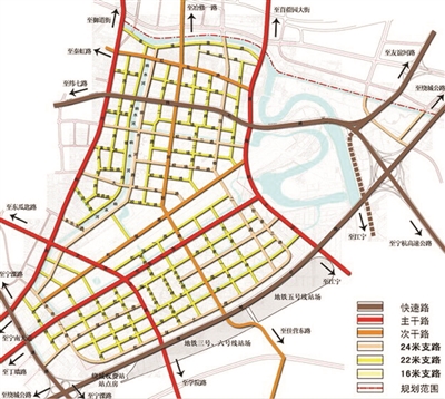 大校场地块详规公示 红花—机场地区范围: 西起大明路,东到绕城公路,北到秦淮河,围成近似梯形的一个区域