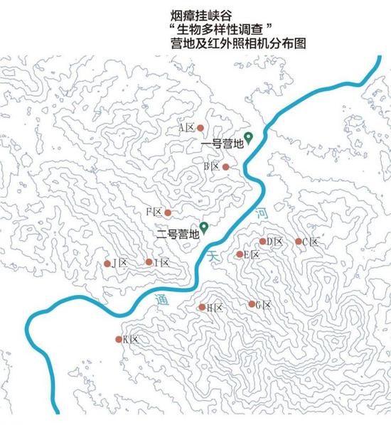 一张由卫星图生成的等高线地形图，展示了烟瘴挂峡谷的陡峭地形，“绿色江河”的两个考察营地分别位于峡谷口和峡谷内，用于隐蔽跟踪拍摄的红外照相机被安放在11个区域。制图／张立芸