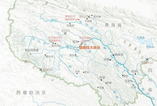 烟瘴挂大峡谷位置图 烟瘴挂峡谷是长江上的第一个大峡谷，在牙曲汇入通天河的地方形成了较大落差。因为地形险峻、环境封闭、人迹罕至，这里成为长江上游的一座生态孤岛。