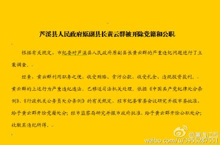芦溪县人民政府原副县长黄云群被开除党籍和公职