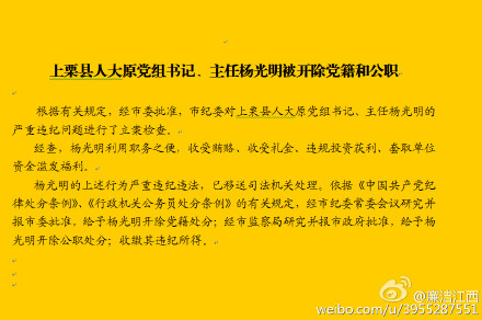 上栗县人大原党组书记、主任杨光明被开除党籍和公职