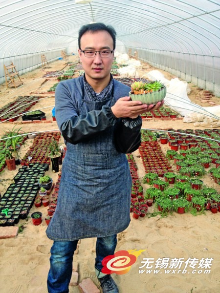 陈科手捧多肉花卉盆景,身后是上千盆自己亲手种植的多肉花卉。