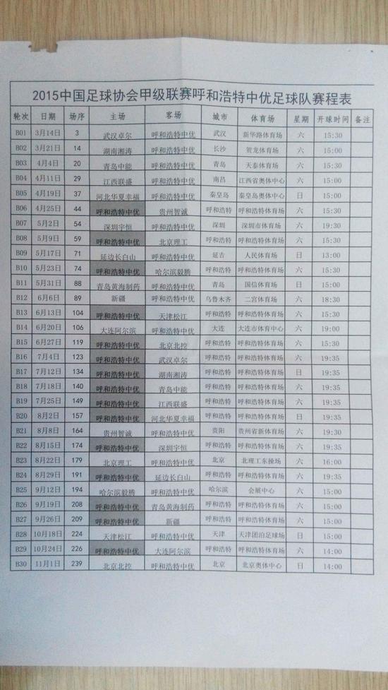 中甲新军呼和浩特中优足球队公布2015年 赛程