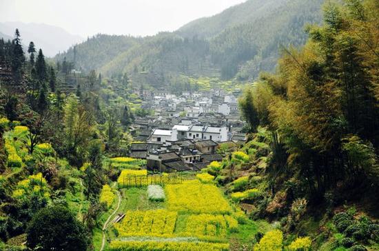 木梨硔是一个坐落在山顶上的村庄，一边是房子，一边就是山谷，山谷的另一面，就是江西