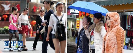 左图:2月27日,南宁气温超30℃,街头上女孩们穿起了夏装;右图:3月11日,几位包裹得严严实实的行人走在南宁街头(拼版照片)。新华社记者 周华 摄