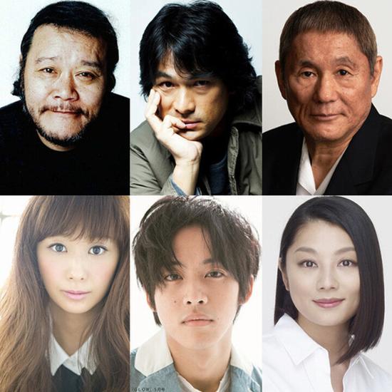 出演电影《人生的约定》的左上起西田敏行、江口洋介、北野武，左下起优香、松坂桃李、小池荣子