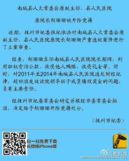 抚州市南城县人大常委会原副主任、县人民医院原院长胡珊珊被开除党籍