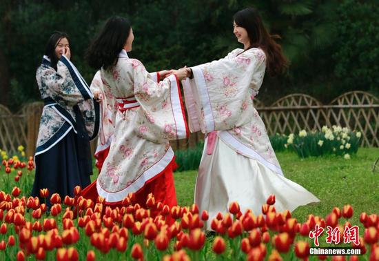 女大学生着古装扮靓武汉郁金香花展