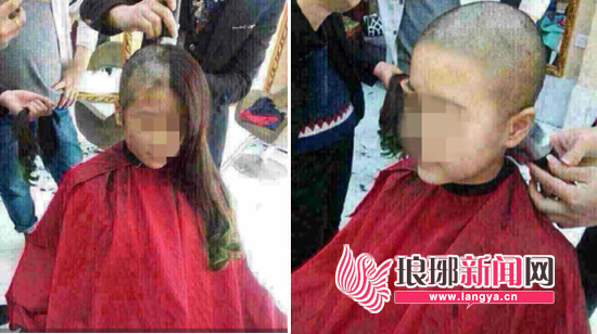 要强的姑娘剃去了一头秀发。