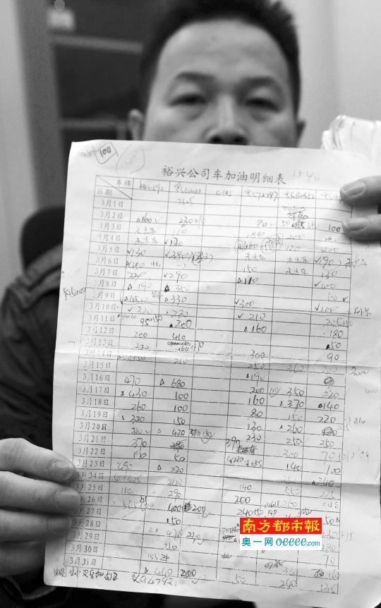 在裕兴公司员工的见证下，油站工作人员对裕兴公司车辆加油明细进行核查。南都记者 刘媚 摄
