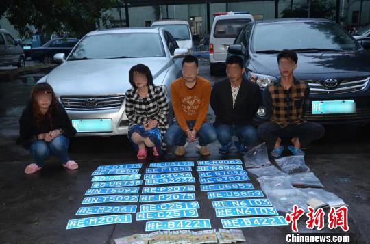 图为警方抓获5名嫌疑人,缴获一批假车牌及冥币等作案工具。 郑相元 摄
