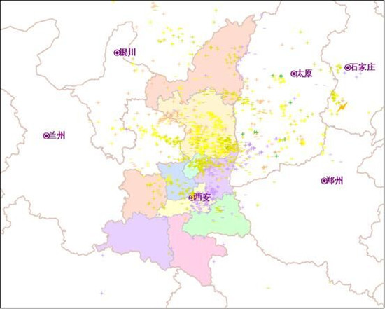圖為陜西省防雷中心閃電定位系統(tǒng)監(jiān)測(cè)到的雷電分布圖。（今天中午12點(diǎn)開始，截至到記者發(fā)稿前）