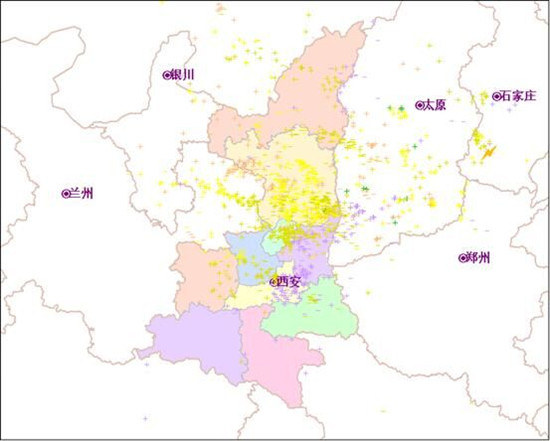 图为陕西省防雷中心闪电定位系统监测到的雷电分布图。（今天中午12点开始，截至到记者发稿前）