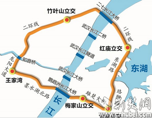 武汉二环线示意图,十年画一环,始于武昌,终于汉阳。