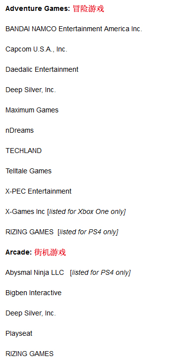 目前发布的参展厂商 PS4及Xbox One独占已标注