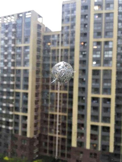 因邻楼男孩偷买气枪射击,朝阳光熙家园一住户窗玻璃留下弹痕。 新京报记者 王大鹏 摄