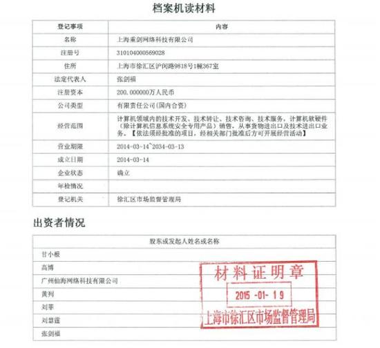 上海重剑网络科技有限公司的工商基本信息