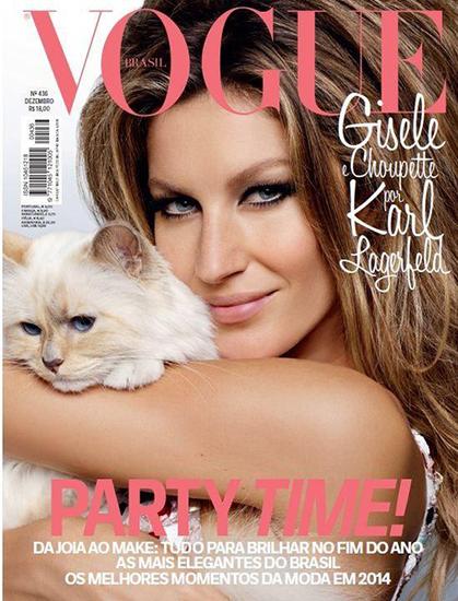 Choupette和巴西超模Gisele Bündchen一起登上2014年12月巴西版《Vogue》杂志封面
