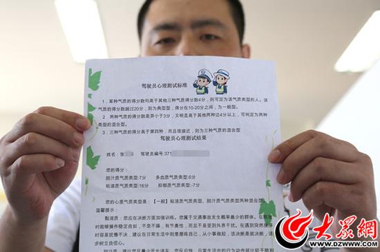 一位駕駛員展示自己的心理測試結果