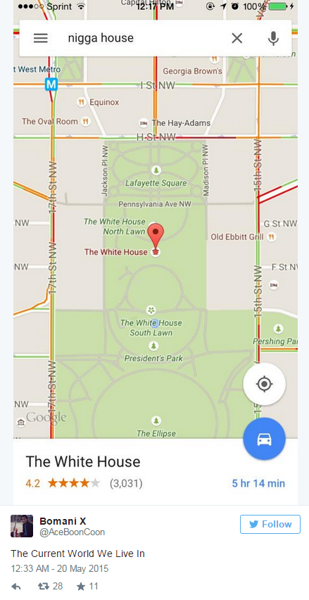 谷歌地图说：白宫是个“黑鬼屋”