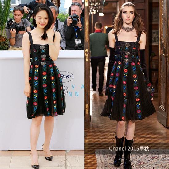 周韵身穿Chanel 2015早秋巴黎萨尔茨堡高级手工坊系列礼裙亮相《聂隐娘》发布会
