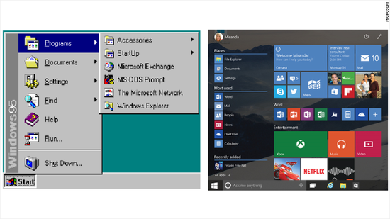 Windows 95和 Windows 10的开始菜单