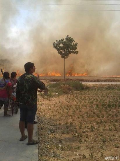 今天中午12时许，安阳滑县四间房乡三个村庄的麦子被烧，目前大火正向大吕庄村蔓延，过火麦地约万亩。村民称，火灾刚发生时就报警，到现在过去两个小时，仍不见消防队。