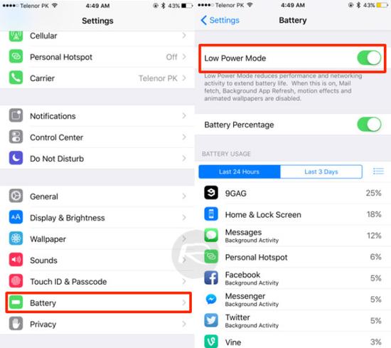 iOS 9中的低功耗模式