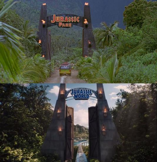 上图：《侏罗纪公园》恐怖之门即将开启  下图：《侏罗纪世界》用同样的大门形状向第一部致敬