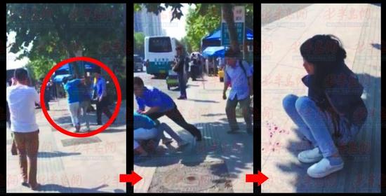 持刀男子挟持住女友(红圈处)。联防队员抓住机会将男子从女子身上推开。 女子脖子受伤,鲜血一直往外流。(视频截图)