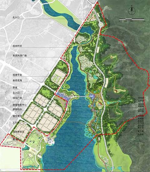 水岸林舍片区,城市展园片区,东部山林自然保育区片区,苍海公园片区;"
